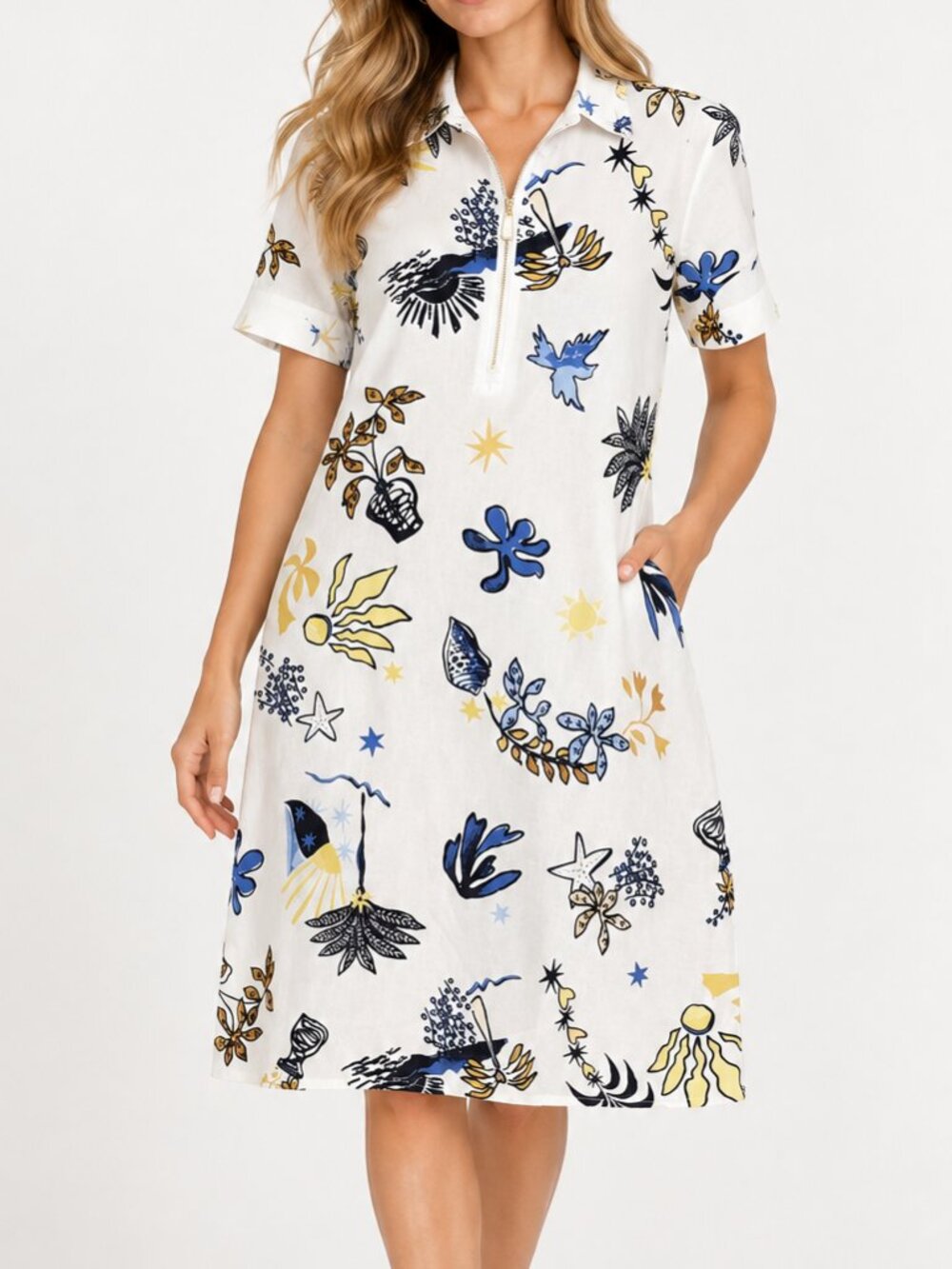 Joseph Ribkoff Casual Shirt Dress Womens 10 White Graphic Palm Tree 1/4 Zip